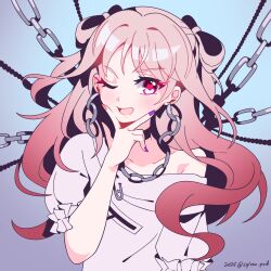  1other ;d akiyama_mizuki alternate_hair_length_(longer) artist_name black_choker blue_background chain chain_earrings chain_necklace choker collarbone commentary dated dot_nose double_bun dress earrings english_commentary fingernails frilled_sleeves frills gradient_background gradient_hair hair_bun highres jewelry light_blush looking_at_viewer multicolored_hair multicolored_nails nail_polish necklace off-shoulder_dress off_shoulder official_alternate_costume official_alternate_hairstyle one_eye_closed open_mouth our_golden_days_(project_sekai) pink_eyes pink_hair pink_nails project_sekai purple_background purple_nails red_hair ribbon_shaped_bun shirt short_sleeves single_bare_shoulder smile solo sylvenpsd tongue two_side_up upper_body v white_shirt 
