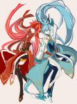  2boys absurdres androgynous blue_hair denif_(elsword) dragon_boy dragon_horns dragon_tail elf elsword full_body highres holding_hands horns kurayuki0404 long_hair long_sleeves looking_at_another multiple_boys pink_hair pointy_ears ponytail redhead rosso_(elsword) sketch tail very_long_hair white_background yellow_eyes 