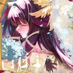  1girl closed_eyes columbina_(genshin_impact) commentary flower from_behind from_side genshin_impact hair_ornament highres hydrangea multicolored_hair multiple_others multiple_views painterly petals silhouette symbolism tears untranslatable_commentary wing_hair_ornament 
