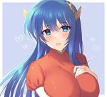  1girl :d awayuki_ramika blue_background blue_eyes blue_hair blush breasts caeda_(fire_emblem) fire_emblem fire_emblem:_mystery_of_the_emblem hand_on_own_chest heart jewelry large_breasts long_hair looking_at_viewer open_mouth portrait ring short_sleeves simple_background smile solo tiara turtleneck 