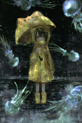  1girl absurdres bare_legs black_eyes black_hair boots cat_ear_footwear cat_ear_umbrella closed_mouth commentary_request expressionless full_body hair_ornament hairclip hezaizhou highres holding holding_umbrella jellyfish long_sleeves original outdoors parallel_hairclips rain raincoat rubber_boots short_hair solo standing umbrella yellow_boots yellow_pupils yellow_raincoat yellow_umbrella 