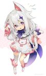  1girl :3 animal_ears blush cat_ears cat_girl cat_tail floating full_body genshin_impact highres long_sleeves looking_at_viewer memeno open_mouth paimon_(genshin_impact) short_hair solo tail violet_eyes white_background white_hair 