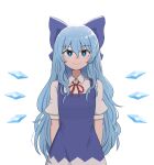  1girl alternate_hair_length alternate_hairstyle bangs blue_dress blue_eyes blue_hair cirno collared_shirt dress fairy_wings flat_chest highres ice ice_wings long_dress long_hair mata_(matasoup) neck_ribbon pinafore_dress puffy_short_sleeves puffy_sleeves red_ribbon ribbon shirt short_sleeves simple_background solo touhou white_background white_shirt wings 