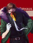  1boy belt black_shirt boku_no_hero_academia brown_belt brown_hair character_name feather_trim feathers gloves green_jacket highres jacket male_focus mask mira_overhaul mouth_mask necktie overhaul_(boku_no_hero_academia) plague_doctor_mask purple_feathers red_background removing_jacket shirt solo standing white_gloves white_necktie yellow_eyes 