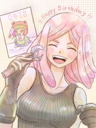  1girl age_comparison aged_down bare_shoulders birthday black_gloves blue_tank_top blush boku_no_hero_academia breasts closed_eyes commentary crosshair_pupils dated english_text gloves hand_up happy_birthday hatsume_mei holding holding_wrench ky0xj large_breasts medium_hair open_mouth photo_(object) pink_hair ribbed_tank_top smile solo symbol-shaped_pupils tank_top wrench yellow_background yellow_eyes 