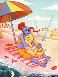  2018 2d 2girls alphys alternate_costume animal_nose anthro artist_name barefoot beach beach_mat beach_umbrella behind_another black_eyepatch blue_skin blue_sky blue_swimsuit buck_teeth closed_eyes colored_skin colored_teeth commentary day digital_media dinosaur dinosaur_girl duo ear_fins english_commentary eyepatch female female_only fins fish fish_girl full_body glasses grass head_fins height_difference high_ponytail hug hug_from_behind kaytayto knee_up lizard lizard_girl lizard_tail long_hair midriff monster monster_girl multiple_girls ocean official_alternate_costume one-piece_swimsuit outdoors ponytail red_hair reptile reptile_girl reptile_tail scalie sharp_teeth shellfish sitting sky starfish swimsuit teeth umbrella undertale undyne utdr_(toby_fox) water yellow_skin yellow_swimsuit yellow_teeth 