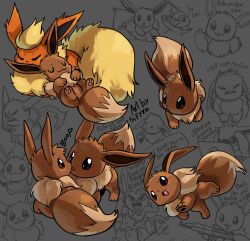  :3 :o absurdres animal_focus brown_eyes brown_fur eevee flareon fluffy full_body grey_background gun highres holding holding_gun holding_weapon looking_at_another looking_at_viewer multiple_views neck_fur no_humans open_mouth orange_fur pawpads pokemon pokemon_(creature) pokemon_focus sifyro simple_background sketch sleeping solo_focus sylveon vaporeon weapon yellow_fur 