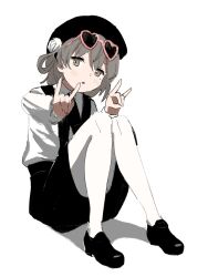  1girl beret black_bow black_bowtie black_overalls black_shoes black_skirt bow bowtie brown_eyes commentary flower grey_hair hat hat_flower hatoba_tsugu heart heart-shaped_eyewear highres long_sleeves looking_at_viewer neck_ribbon overalls pantyhose ribbon rytoua318 shirt shoes sitting skirt solo sunglasses untranslatable_commentary virtual_youtuber white_background white_pantyhose white_shirt 