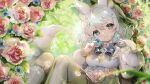  1girl :3 animal_ear_fluff animal_ears bangs blue_bow blue_bowtie blue_eyes blurry blurry_background bow bowtie breasts collar commission constellation_hair_ornament curly_hair dress ear_ornament earclip felicia_(vtuber) flower fox_ears fox_tail frilled_collar frilled_dress frills gaogao_(gaogaomegu) green_eyes grey_hair hair_ornament heterochromia highres holding holding_flower indie_virtual_youtuber looking_at_viewer medium_breasts medium_hair outdoors petals pink_flower pink_rose rose rose_petals signature sitting skeb_commission sleeve_cuffs snowflake_hair_ornament solo tail white_dress 