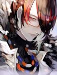  1boy arknights bead_necklace beads black_hair coat feather_trim fur_collar glasses gnosis_(arknights) hair_over_one_eye highres jewelry kizami_(hetaisi) ky0xzjfm male_focus multicolored_hair necklace open_collar pale_skin solo_focus sweater turtleneck turtleneck_sweater white_coat yellow-framed_eyewear yellow_eyes 