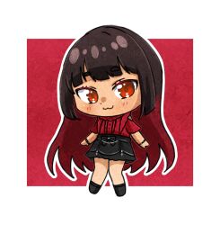  1girl :3 bare_shoulders black_boots black_bow black_skirt blunt_bangs boots border bow bracelet brown_hair buttons center_frills chibi closed_mouth clothing_cutout collared_shirt colored_eyelashes commentary commission dot_nose english_commentary frilled_shirt frills happy heart heart_in_eye high-waist_skirt highres jewelry light_blush long_hair miniskirt multicolored_hair nonoberry22 original outline outside_border red_background red_eyes red_hair red_shirt shirt short_sleeves shoulder_cutout skirt smile solo standing studded_bracelet symbol_in_eye tsurime two-tone_hair very_long_hair vgen_commission waist_bow wavy_hair white_border white_outline 