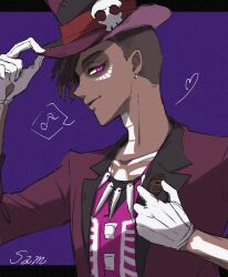  1boy asymmetrical_hair blue_background brown_hair character_name coat commentary_request dark-skinned_male dark_skin dreadlocks gloves hat hat_tip highres letterboxed looking_at_viewer male_focus mitsuro_illust musical_note outside_border pink_eyes purple_coat sam_(twisted_wonderland) sidecut simple_background solo spoken_musical_note top_hat twisted_wonderland undercut very_dark_skin white_gloves 