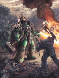  6+boys aircraft airplane animal_skull_ornament armor armored_boots army axe bald battle battle_axe battlefield black_skin boots breastplate burning cape chain_axe colored_skin commentary corpse dark_skin death english_commentary fire flamer full_armor gauntlets glowing glowing_eyes gold_trim gorget greaves green_armor hammer heavy_bolter helm helmet highres holding holding_weapon jeff_porter multiple_boys pauldrons power_armor primarch red_eyes salamanders_(warhammer) shoulder_armor shouting skull smoke the_draken_scale vulkan war_hammer warhammer_40k weapon world_eaters 
