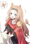  1girl animal_ears archetto_(arknights) arknights blonde_hair blue_eyes cape commentary_request cy_fros epaulettes fur-tipped_tail griffin heterochromia highres lion_ears lion_girl lion_tail long_hair red_cape red_eyes tail tears tiara 