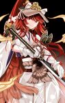  1girl fate/grand_order fate_(series) gloves gradient gradient_background highres holding holding_sword holding_weapon japanese_clothes kimono kyokutei_bakin_(fate) long_hair ponytail red_eyes redhead shong smile sword visor_cap weapon white_gloves wide_sleeves 