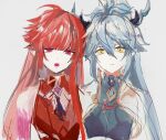  2boys androgynous blue_hair denif_(elsword) dragon_boy dragon_horns elsword highres horns kurayuki0404 long_hair looking_at_viewer male_focus multiple_boys open_mouth otoko_no_ko parted_lips pointy_ears ponytail red_eyes redhead rosso_(elsword) sketch teeth very_long_hair white_background yellow_eyes 