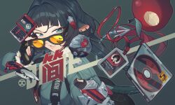  1girl adjusting_eyewear animal_ears apple black_gloves black_hair black_shorts blue_eyes blunt_bangs breasts candy cd_case character_name chocolate chocolate_bar clothes_writing commentary cosmetics disc fingerless_gloves food fruit gloves green_jacket grin hand_on_eyewear highres id_card jacket jane_doe_(zenless_zone_zero) knife lanyard leaf lipstick_tube long_hair long_sleeves looking_at_viewer mouse_ears mouse_girl mouse_tail multicolored_hair nail_polish phone red_hair red_nails shorts simple_background slide_phone smile solo sunglasses tail upper_body weapon yan_wan zenless_zone_zero 