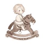  1boy ai-wa bangs blonde_hair blush child fire_emblem fire_emblem_fates from_side full_body highres long_sleeves looking_at_viewer male_child male_focus riding rocking_horse shoes short_hair shorts sideways_glance simple_background solo white_background xander_(fire_emblem) younger 