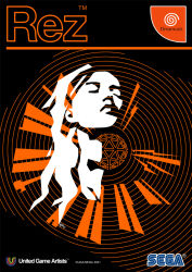  1girl archived_source box_art commentary commentary_typo company_name concentric_circles copyright_logo copyright_name cropped_head eden_(rez) emphasis_lines english_commentary fake_box_art flat_color game_console icosahedron kopke logo minimalism orb rez sega sega_dreamcast signature solo 