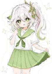  1girl alternate_costume commentary_request genshin_impact gradient_hair green_eyes green_hair green_neckerchief green_sailor_collar green_skirt hair_between_eyes hair_ornament hhhhhi155 highres holding_own_skirt leaf_hair_ornament multicolored_hair nahida_(genshin_impact) neckerchief open_mouth pointy_ears sailor_collar school_uniform serafuku shirt side_ponytail simple_background skirt solo star-shaped_pupils star_(symbol) symbol-shaped_pupils white_background white_hair white_shirt 