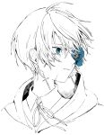  1boy blue_eyes blue_flower cross cross_earrings crying crying_with_eyes_open earrings flower flower_over_eye greyscale hatching_(texture) highres hood hood_down jewelry male_focus monochrome original ozx_x0 parted_lips ribbon simple_background solo tears upper_body white_background 