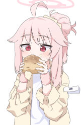  1girl ahoge blue_archive blush bright_pupils coat commentary_request eating food food_on_face hair_between_eyes hair_bun hair_flaps halo highres long_sleeves natsu_(band)_(blue_archive) natsu_(blue_archive) official_alternate_costume open_clothes open_coat pink_hair pink_halo red_eyes shirt sidelocks simple_background solo sugidoritos upper_body white_background white_pupils white_shirt wrist_cuffs yellow_coat 