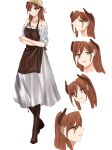  1girl alternate_costume apron bangs bare_shoulders boots breasts brown_apron brown_footwear chinese_commentary closed_mouth collarbone crossed_arms dress full_body girls_frontline green_eyes hair_between_eyes highres himos long_hair looking_at_viewer medium_breasts orange_hair sleeves_rolled_up smile solo springfield_(girls&#039;_frontline) standing white_background white_dress 
