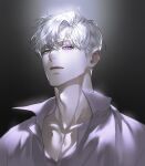  1boy ajrtkf44 bangs black_background closed_mouth collarbone collared_shirt eyelashes frown grey_eyes half-closed_eyes heterochromia looking_at_viewer looking_down male_focus original pectoral_cleavage pectorals portrait shirt short_hair violet_eyes white_hair white_shirt 