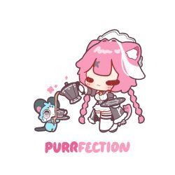  1girl animal_ear_fluff animal_ears blush braid chibi chibi_only closed_eyes closed_mouth commentary cup decrilus english_commentary english_text failure full_body hair_ornament highres holding holding_teapot hololive hololive_english long_hair maid maid_headdress multicolored_hair panther_ears panther_girl panther_tail pink_hair pouring pun raora_panthera saucer simple_background solo standing streaked_hair tail teacup teapot thigh-highs twin_braids virtual_youtuber white_background white_streaks white_thighhighs x_hair_ornament 