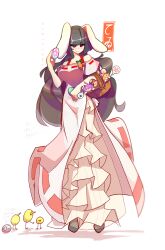  3girls animal_ears baby_animal basket bird black_hair black_shoes blonde_hair breasts carrot_pin chick commentary_request countryball dress ears_down easter easter_egg egg frilled_skirt frills highres holding holding_basket holding_egg in_container inaba_tewi kaliningradg large_breasts lily_white mini_person minigirl multiple_girls pink_dress pink_overskirt purple_hair rabbit_ears rabbit_girl rabbit_tail red_eyes reisen_udongein_inaba shoes skirt sloveniaball smile spoken_flower spoken_food spoken_object tail touhou white_skirt 