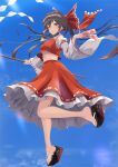  1girl bare_shoulders blush bow brown_eyes brown_hair detached_sleeves full_body gohei hair_between_eyes hair_bow hair_tubes hakurei_reimu highres holding japanese_clothes long_hair nontraditional_miko ochikata_kage ofuda open_mouth red_bow red_skirt ribbon-trimmed_sleeves ribbon_trim sarashi sidelocks skirt solo touhou wide_sleeves 