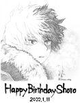  1boy boku_no_hero_academia breath burn_scar commentary_request fur_trim graphite_(medium) greyscale happy_birthday heterochromia highres imoan_atag male_focus monochrome multicolored_hair parted_lips scar scar_on_face short_hair simple_background solo todoroki_shouto traditional_media twitter_username two-tone_hair white_background 