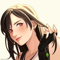  1girl artist_name bare_shoulders black_gloves black_hair blush closed_mouth collarbone commentary commission earrings english_commentary final_fantasy final_fantasy_vii final_fantasy_vii_remake fingerless_gloves gloves hand_in_own_hair hand_up highres jewelry katsuartsu lips long_hair looking_at_viewer materia pink_lips portrait red_eyes simple_background solo suspenders tank_top teardrop_earrings tifa_lockhart upper_body white_tank_top 