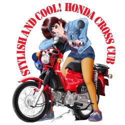  1girl blue_jacket blue_shorts brown_eyes brown_hair chutohampa closed_mouth commentary_request denim denim_jacket denim_shorts english_text head_tilt highres honda honda_cross_cub jacket kickstand looking_at_viewer medium_hair motor_vehicle motorcycle on_motorcycle open_clothes open_jacket original pantyhose purple_shirt purple_shoes shirt shoes short_shorts shorts sitting smile sneakers solo white_background 