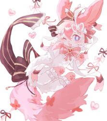  :d animal_focus ankle_cuffs blue_eyes bow bright_pupils brown_bow fang full_body heart highres looking_at_viewer neku_boo no_humans one_eye_closed open_mouth pawpads pink_fur pokemon pokemon_(creature) pokemon_focus red_bow ribbon simple_background smile solo sylveon two-tone_fur white_background white_bow white_fur white_pupils 