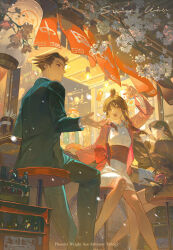  2boys 2girls :d absurdres ace_attorney arm_rest black_eyes black_hair black_jacket blazer blue_jacket blue_pants blue_suit bowl breasts brown_hair cherry_blossoms chopsticks closed_mouth commentary copyright_name earrings falling_petals floating_hair food_stand guy_eldoon hair_ornament half_updo hand_up hanten_(clothes) highres jacket japanese_clothes jewelry kimono lantern long_hair looking_at_flowers magatama maya_fey mia_fey multiple_boys multiple_girls necklace noren on_stool outdoors pants paper_lantern petals phoenix_wright pink_sash purple_jacket sash shirt short_hair short_kimono sidelocks sitting skirt skirt_suit smile spiky_hair stool suit suit_jacket wheel white_kimono white_shirt wooden_stool yatai yiyiyimi 
