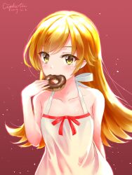  1girl bare_shoulders blonde_hair ciphotis commentary dated doughnut dress eating food food_in_mouth holding holding_food long_hair looking_at_viewer monogatari_(series) oshino_shinobu red_background red_ribbon ribbon signature sleeveless sleeveless_dress solo upper_body white_dress yellow_eyes 