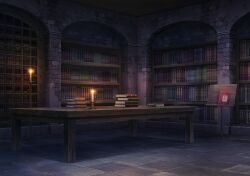  arch blue_archive book book_stack book_stand bookshelf brick_wall candle candlelight candlestand european_architecture game_cg indoors library no_humans non-web_source official_art scenery self-datamine shadow stone_wall table tile_floor tiles wooden_table 
