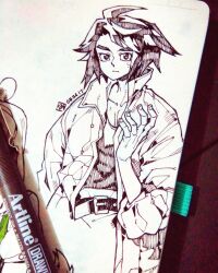  1boy ahoge artist_logo belt closed_mouth collarbone collared_jacket commentary cropped_torso dated english_commentary gundam gundam_tekketsu_no_orphans hand_in_pocket hand_up highres jacket logo long_sleeves looking_at_viewer male_focus marker_(medium) mikazuki_augus monochrome open_clothes open_jacket pants paper_background pectoral_cleavage pectorals photo_(medium) poch4n short_hair sketch solo traditional_media 