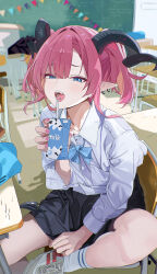  1girl absurdres auguste black_skirt blue_bow blue_bowtie blue_eyes bow bowtie classroom commentary_request demon_girl demon_horns desk drink_carton highres holding holding_drink_carton holding_milk_carton horns indoors looking_at_viewer medium_hair milk_carton open_mouth original piercing pink_hair pink_nails pointy_ears school_desk school_uniform shirt sitting skirt solo tongue_piercing white_shirt 