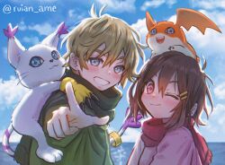  1boy 1girl 2others absurdres animal_hands blonde_hair blue_eyes blue_sky blush brown_hair cat clouds commentary digimon digimon_(creature) digimon_adventure english_commentary gloves green_scarf highres looking_at_viewer multiple_others ocean one_eye_closed open_mouth patamon pink_eyes pink_scarf pointing ruian_ame scarf short_hair sky smile tail tail_ornament tail_ring tailmon takaishi_takeru wings yagami_hikari 