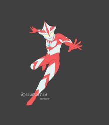  1boy :d alien arm_up artist_name color_timer colored_skin commentary compound_eyes dated dorsal_fin english_commentary full_body glowing glowing_eyes grey_background leg_up looking_to_the_side male_focus melos_(ultra_series) midair multicolored_skin no_pupils open_hand open_mouth outstretched_arm outstretched_hand pectorals red_skin silver_skin simple_background smile solo soumarhea split_mouth spread_fingers studs the_ultraman_(manga) tokusatsu toned toned_male twitter_username two-tone_skin ultra_series yellow_eyes 