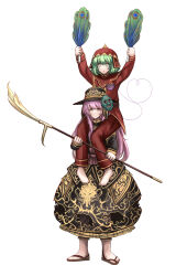  2girls absurdres alternate_costume barefoot black_hat black_shirt black_skirt carrying carrying_person closed_mouth clothing_request commentary elephant_print eyeball green_eyes green_hair hat hata_no_kokoro highres holding holding_weapon komeiji_koishi long_hair long_sleeves mask mask_on_head medium_hair multiple_girls pants pink_eyes pink_hair print_skirt red_pants red_shirt sandals shirt shoulder_carry simple_background skirt skirt_cutout there2007 third_eye toes touhou very_long_hair weapon white_background 