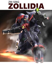  aiming beam_rifle character_name commentary_request energy_gun gatling_gun gundam highres holding holding_weapon mecha mecha_focus mobile_suit no_humans realistic robot science_fiction scope seotaku_(kyokkou) shell_casing shoulder_spikes smoke solo spikes victory_gundam weapon zanscare zollidia 