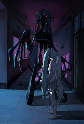  2girls absurdly_long_hair absurdres black_shirt black_shoes black_sleeves black_thighhighs ca_(deino) calne_ca_(deino) collared_shirt colored_sclera door english_commentary full_body glowing glowing_eyes green_hair grey_shirt hallway hatsune_miku highres horror_(theme) indoors long_hair long_sleeves looking_at_another mouumoii multiple_girls red_sclera shadow shirt shoes sleeveless sleeveless_shirt standing thigh-highs tile_floor tiles very_long_hair vocaloid window 