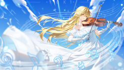  1girl absurdres bare_shoulders blonde_hair blue_eyes blue_sky bow_(music) chinese_commentary collarbone commentary_request double-parted_bangs dress elbow_gloves frilled_dress frills gloves hair_between_eyes hair_intakes half-closed_eyes hands_up highres holding holding_bow_(music) holding_instrument holding_violin instrument long_dress long_hair looking_at_viewer miyazono_kawori music musical_note off-shoulder_dress off_shoulder parted_lips shigatsu_wa_kimi_no_uso sky solo teeth violin white_dress white_gloves yuki_xiao 