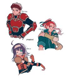  1girl 2boys ahoge armor character_name commentary_request cropped_arm cropped_torso dated fire_emblem fire_emblem:_path_of_radiance green_eyes grin hand_on_own_shoulder hands_on_own_hips highres kieran_(fire_emblem) long_hair mia_(fire_emblem) multiple_boys one_eye_closed ponytail popped_collar purple_hair red_armor red_eyes red_hair shinon_(fire_emblem) short_hair simple_background smile udon_xxxfe white_background 