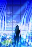  1girl building city clouds cloudy_sky curtains dark day highres light light_rays little_pine long_hair looking_to_the_side morning original scenery silhouette sky solo sparkle town tree window 