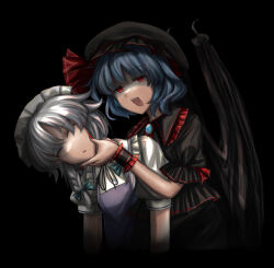  2girls alternate_color ascot bat_wings bite_mark bite_mark_on_neck black_hat black_shirt black_skirt black_wrist_cuffs blood blue_hair bow braid brooch closed_eyes collared_shirt commentary english_commentary frilled_shirt_collar frills green_bow grey_hair hair_bow hand_on_another's_face hat hat_ribbon highres izayoi_sakuya jewelry long_hair maid maid_headdress mob_cap multiple_girls open_mouth puffy_short_sleeves puffy_sleeves red_ascot red_eyes remilia_scarlet ribbon shirt short_sleeves skirt there2007 touhou twin_braids vampire white_shirt wings wrist_cuffs 