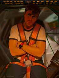  1boy artist_name beard_stubble blonde_hair commentary crossed_arms english_commentary facial_hair glasses highres livingdead-guy project_hail_mary ryan_gosling ryland_grace seatbelt shirt signature solo spacecraft stubble t-shirt watch 